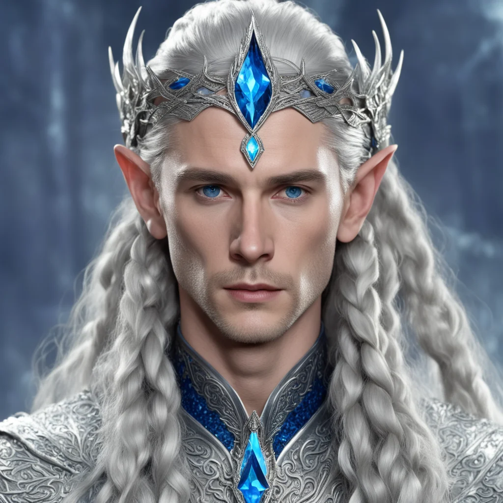 aiking thingol with braids wearing silver flat laurel leaf elven circlet studded with diamonds with blue diamond at forehead