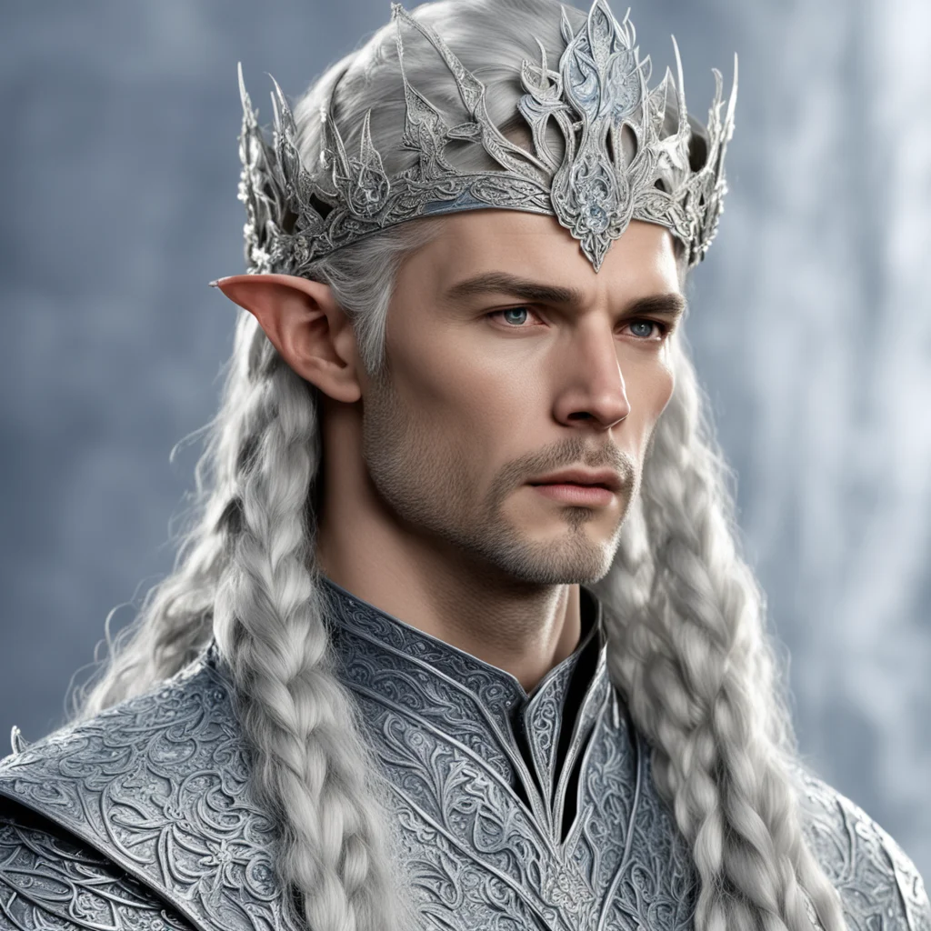 aiking thingol with braids wearing silver flower elvish circlet  encrusted with diamonds good looking trending fantastic 1