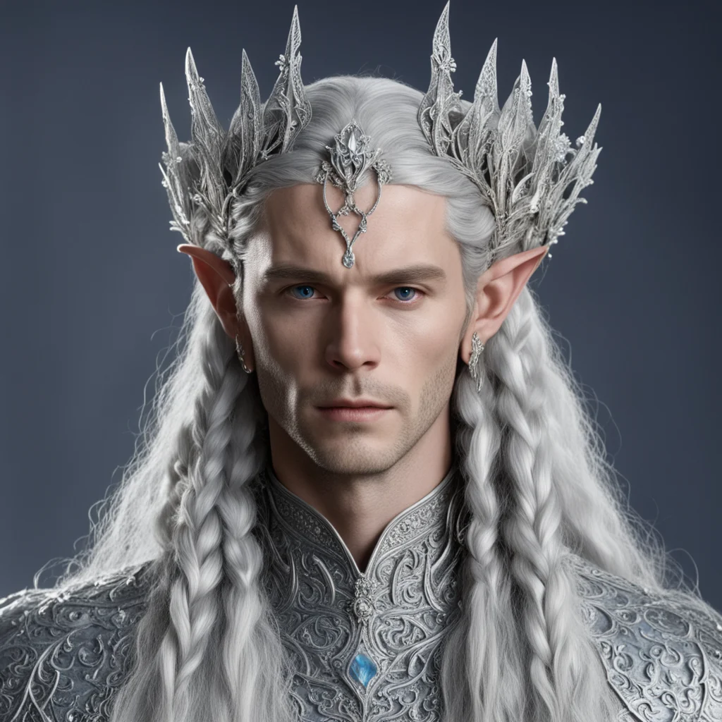 aiking thingol with braids wearing silver flower elvish circlet  encrusted with diamonds