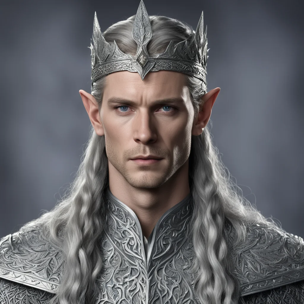 aiking thingol with braids wearing silver laurel leaf circlet studded with diamonds good looking trending fantastic 1