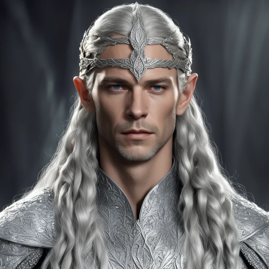king thingol with braids wearing silver laurel leaf circlet studded with diamonds