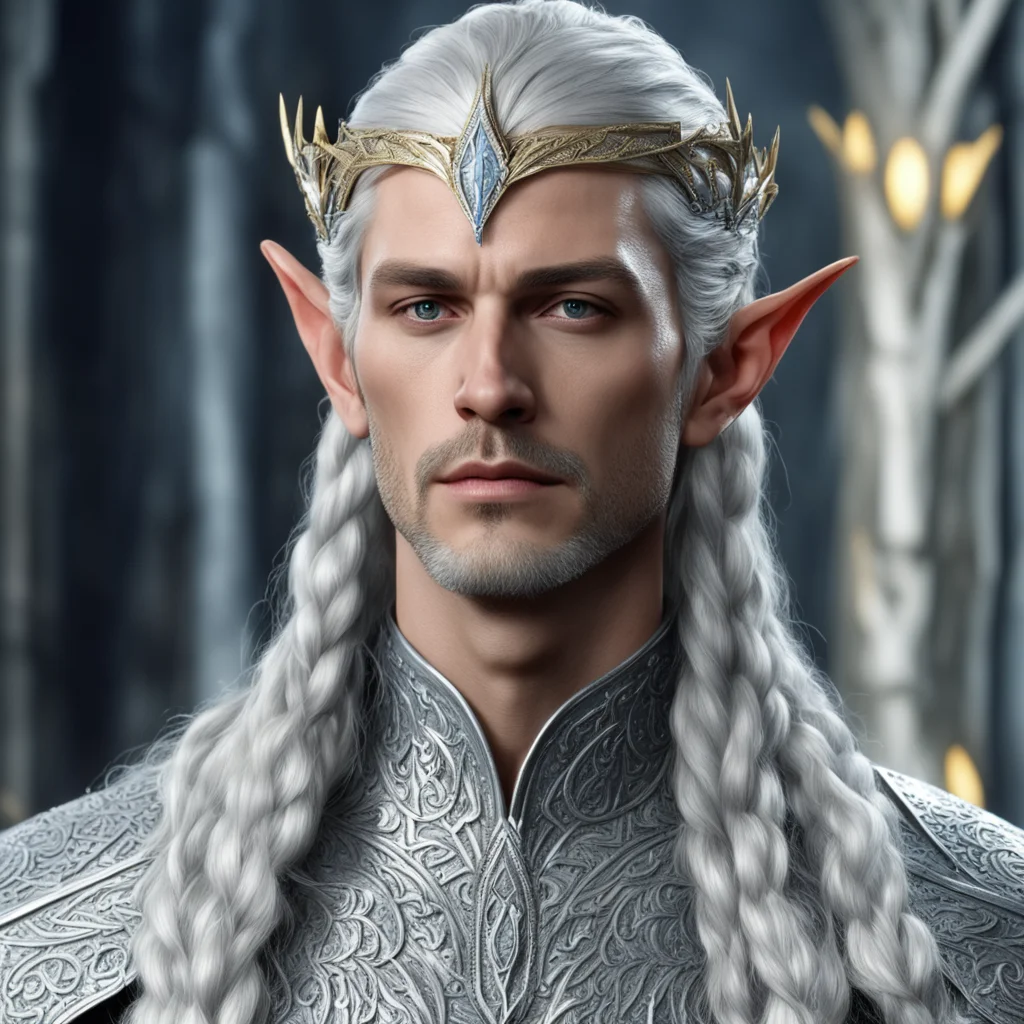 aiking thingol with braids wearing silver leaf elven circlet studded with diamonds with diamond connected at forehead amazing awesome portrait 2