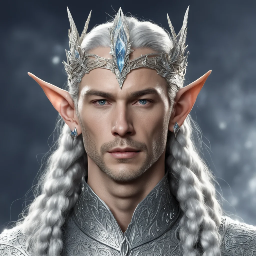 aiking thingol with braids wearing silver leaf elven circlet studded with diamonds with diamond connected at forehead confident engaging wow artstation art 3
