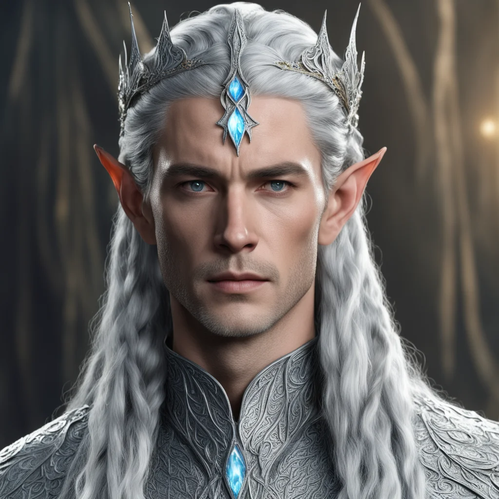 aiking thingol with braids wearing silver leaf elven circlet studded with diamonds with diamond connected at forehead good looking trending fantastic 1