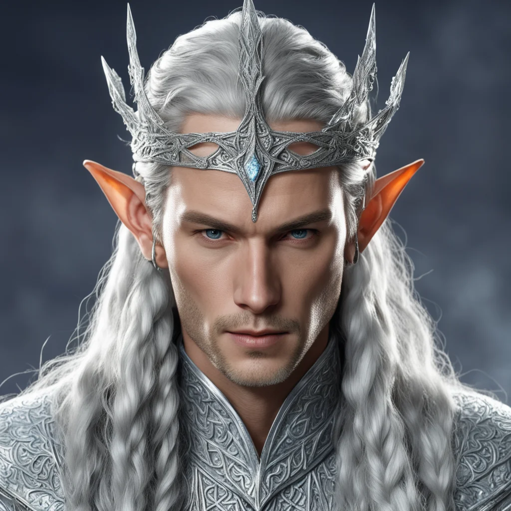 king thingol with braids wearing silver leaf elven circlet studded with diamonds with diamond connected at forehead
