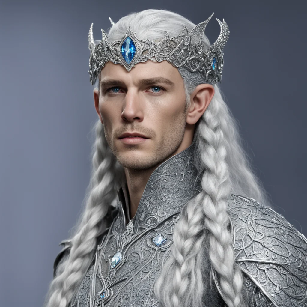 king thingol with braids wearing silver serpent silver elvish circlet encrusted with diamonds with large center diamond 