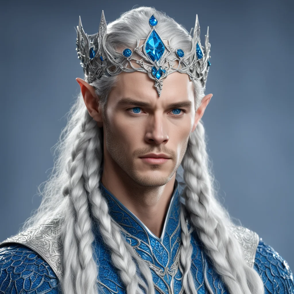 king thingol with braids wearing silver serpentine elvish circlet with blue diamonds good looking trending fantastic 1