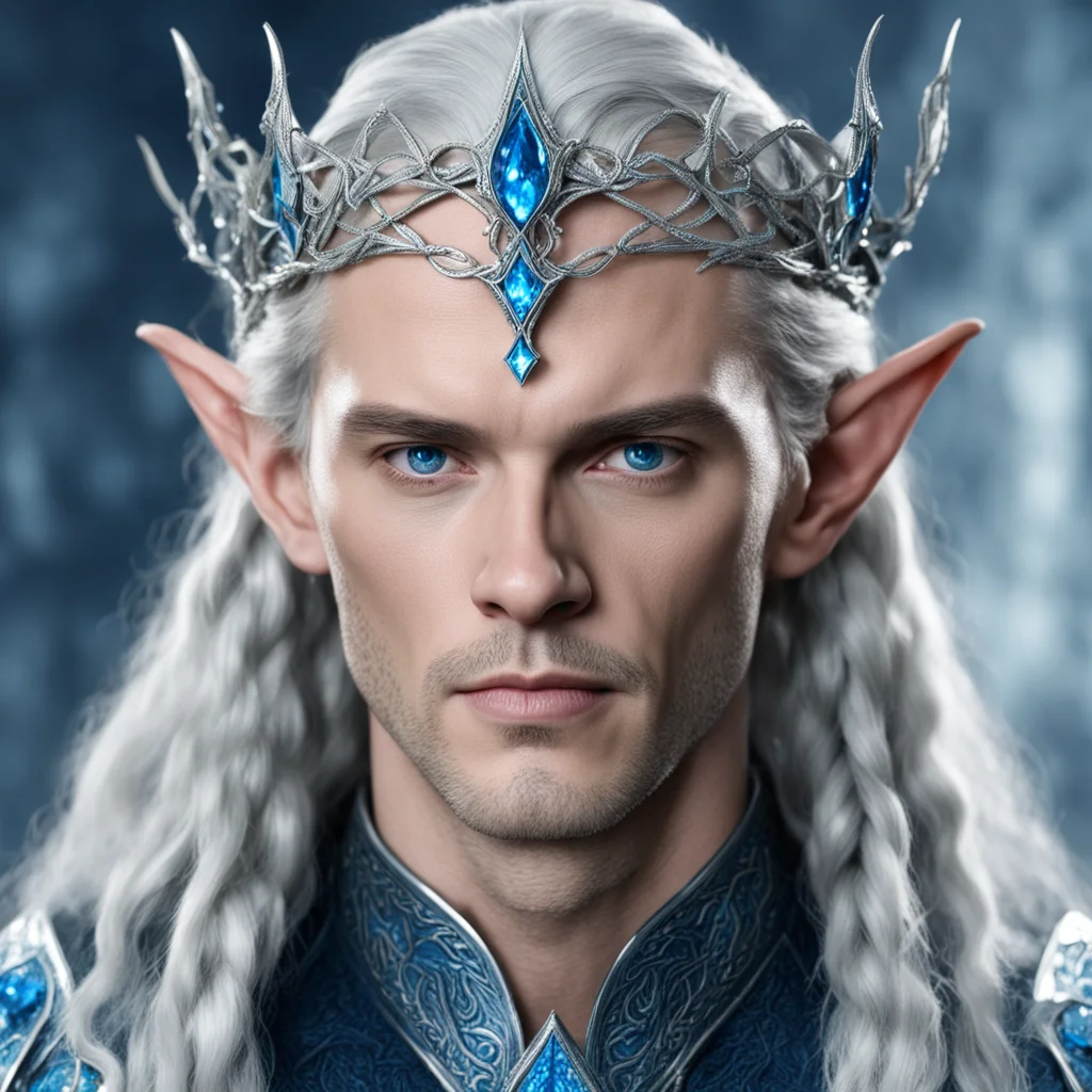king thingol with braids wearing silver serpentine elvish circlet with blue diamonds