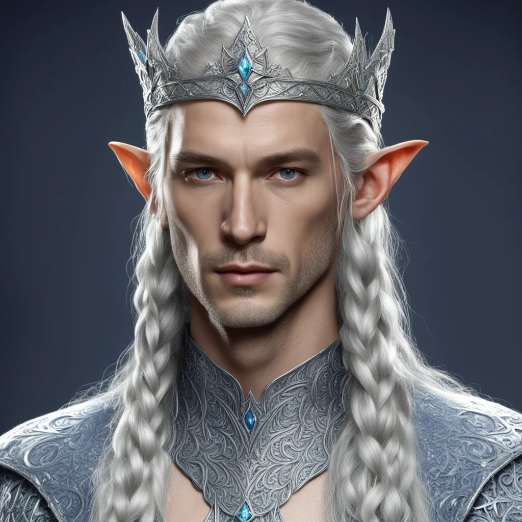 king thingol with braids wearing silver sindarin elvish circlet with diamonds wearing the nauglamir 