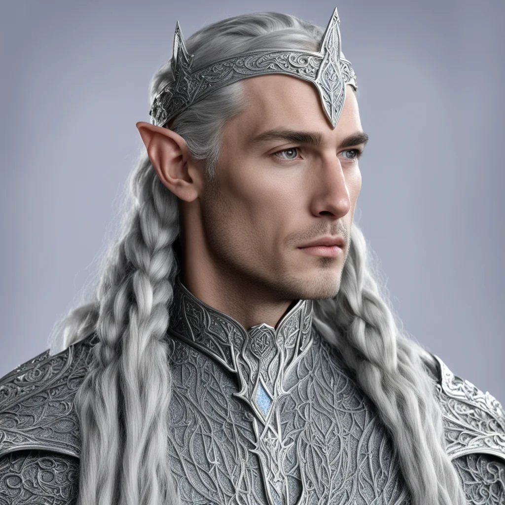 aiking thingol with braids wearing silver sindarin elvish circlet with large center diamond good looking trending fantastic 1