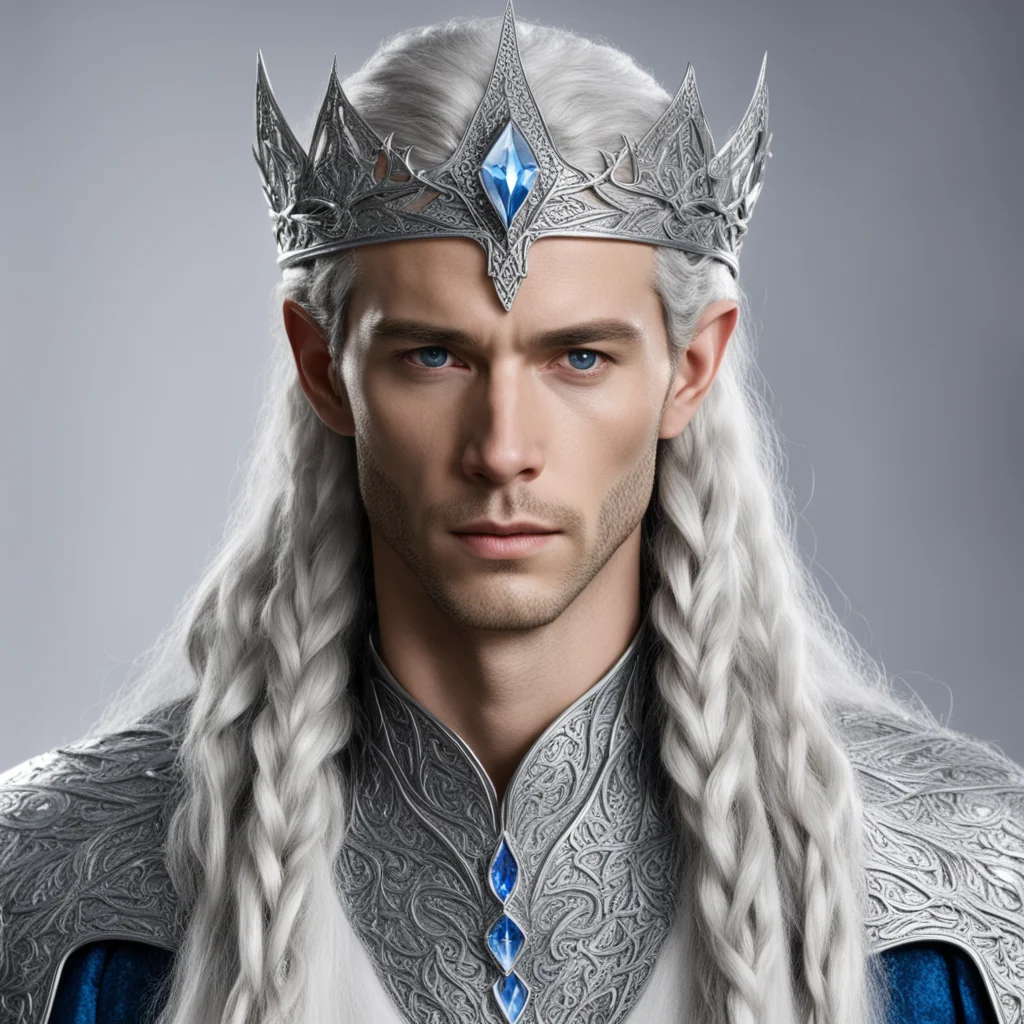 king thingol with braids wearing silver sindarin elvish circlet with large center diamond