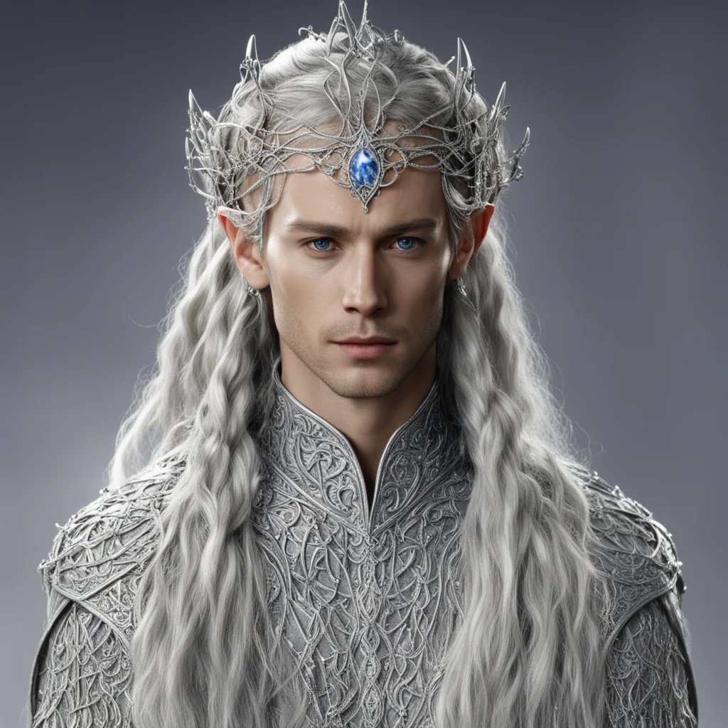 aiking thingol with braids wearing silver strings of diamonds with small silver vine intertwined elvish circlet with center diamond amazing awesome portrait 2