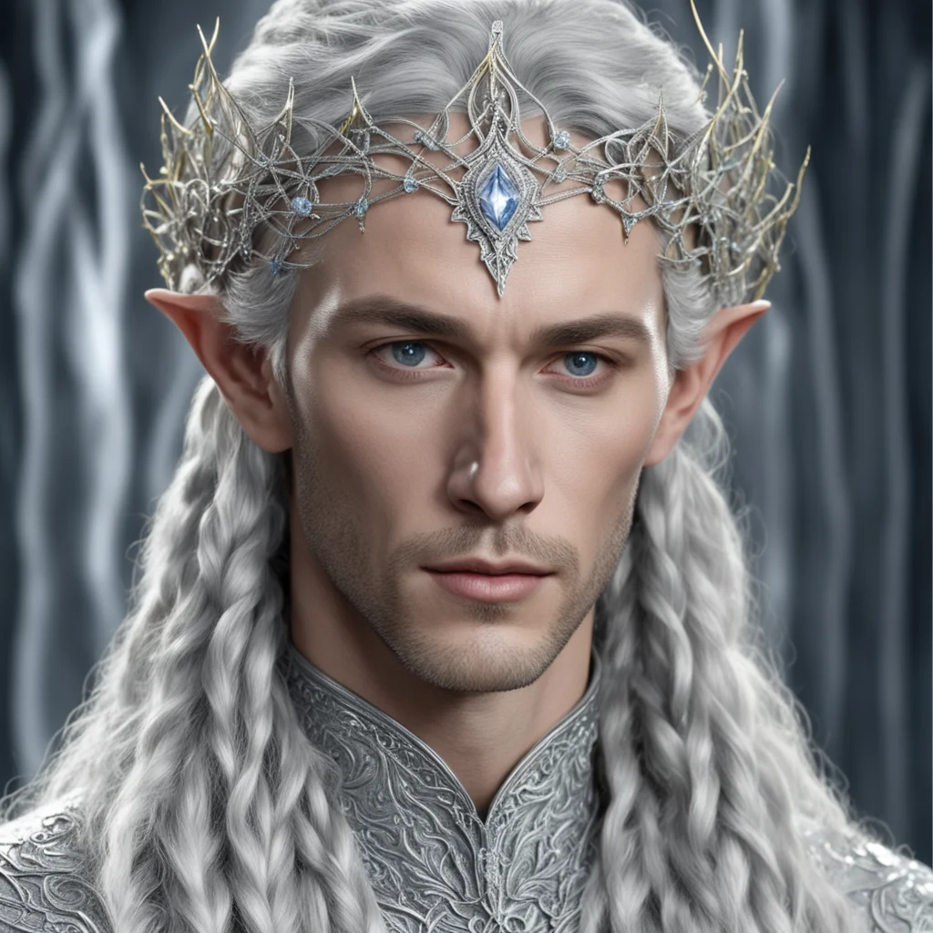 aiking thingol with braids wearing silver strings of diamonds with small silver vine intertwined elvish circlet with center diamond confident engaging wow artstation art 3