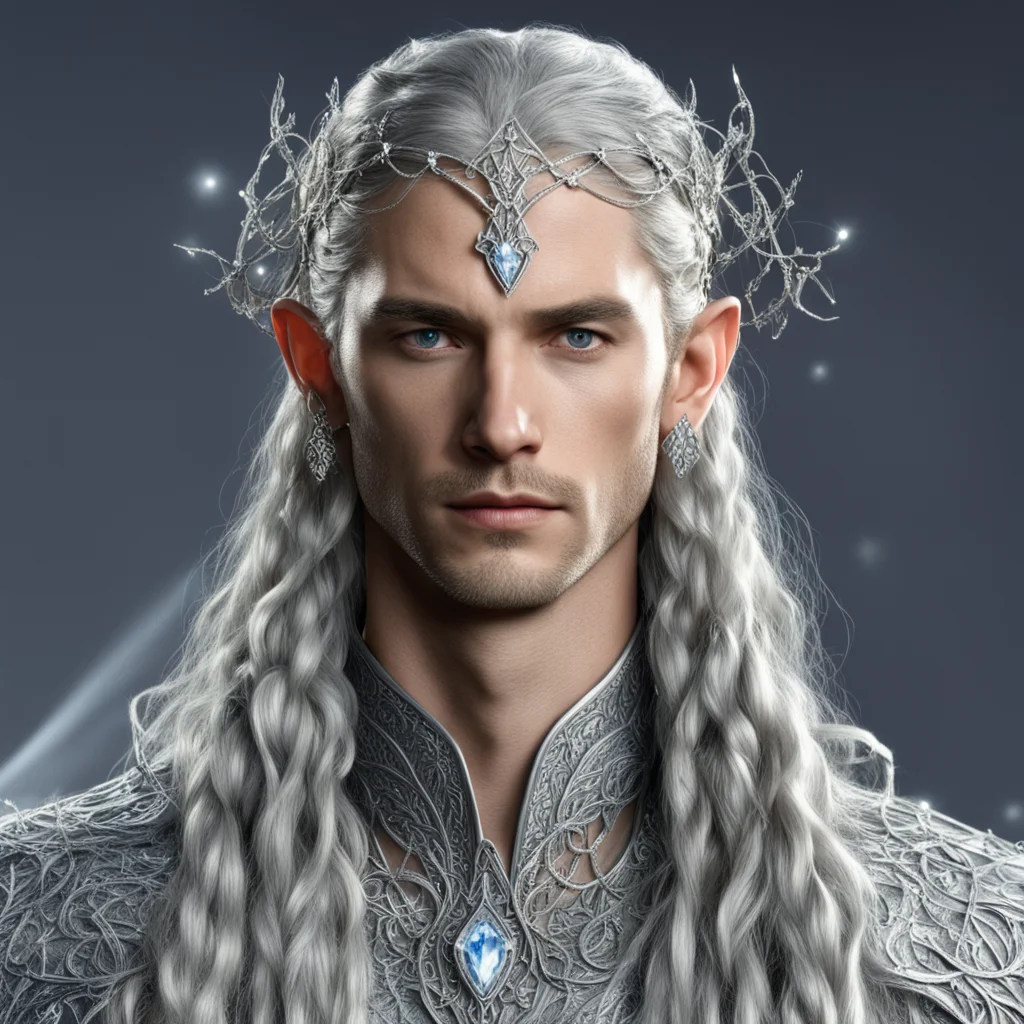 aiking thingol with braids wearing silver strings of diamonds with small silver vine intertwined elvish circlet with center diamond good looking trending fantastic 1