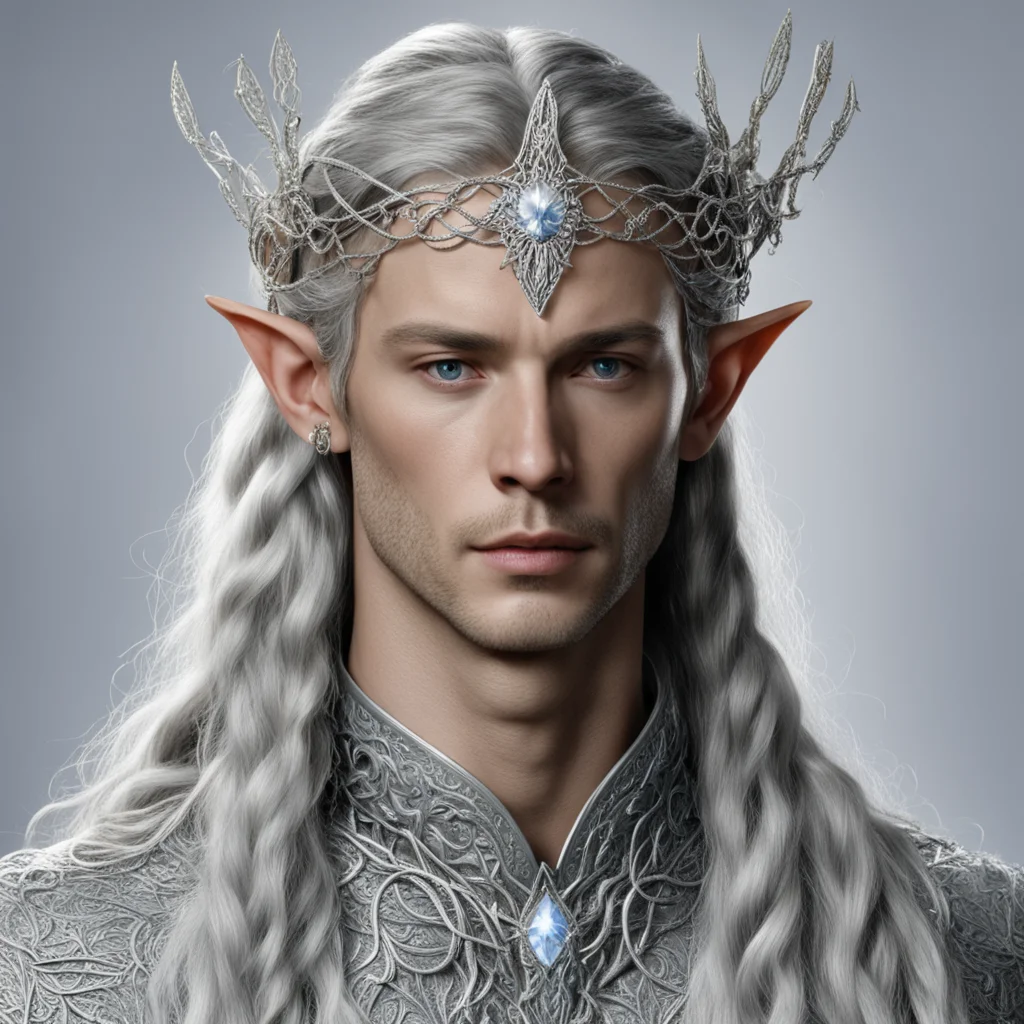 aiking thingol with braids wearing silver strings of diamonds with small silver vine intertwined elvish circlet with center diamond