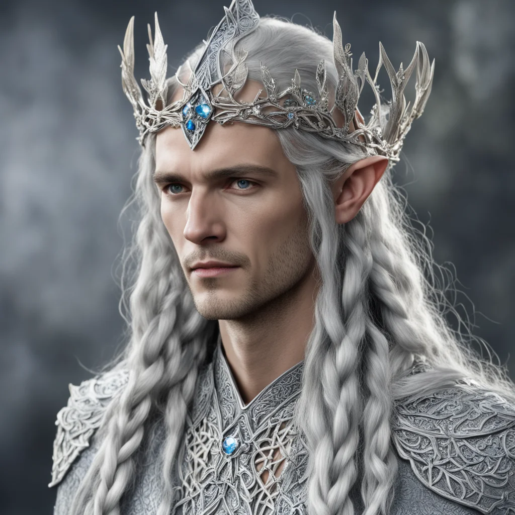 king thingol with braids wearing silver twig and diamond berry elvish circlet with large center diamond good looking trending fantastic 1