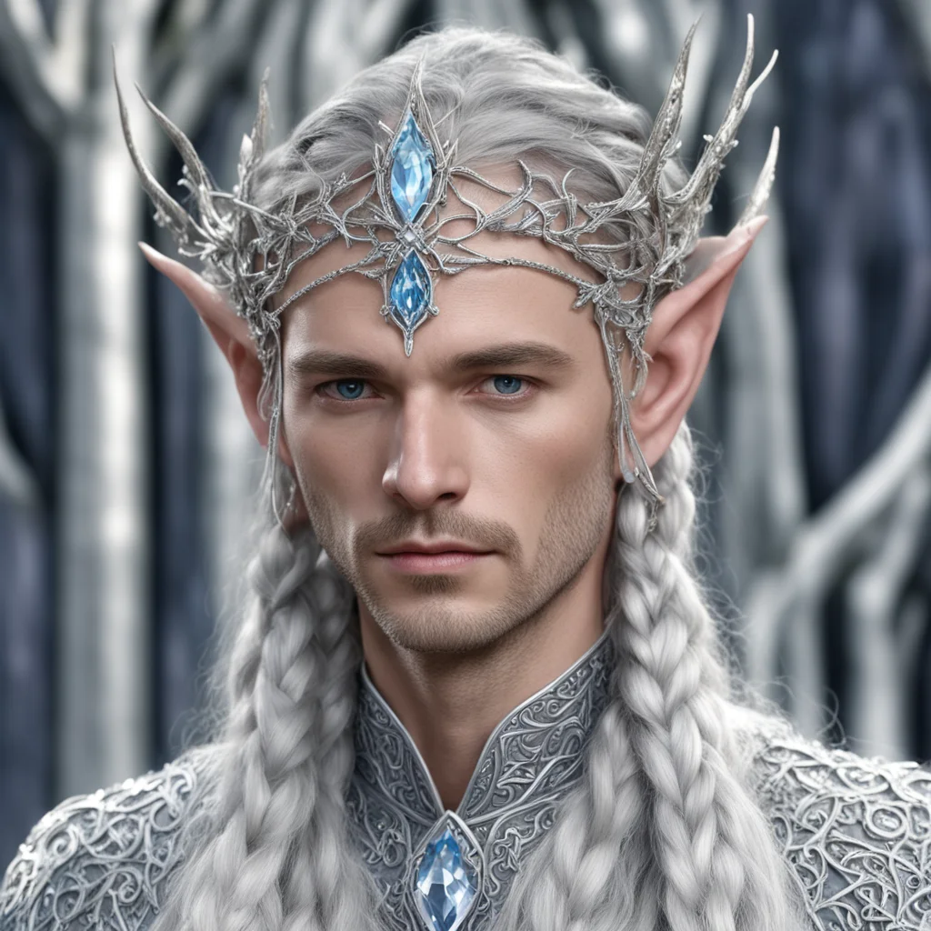 king thingol with braids wearing silver twig and diamond berry elvish circlet with large center diamond