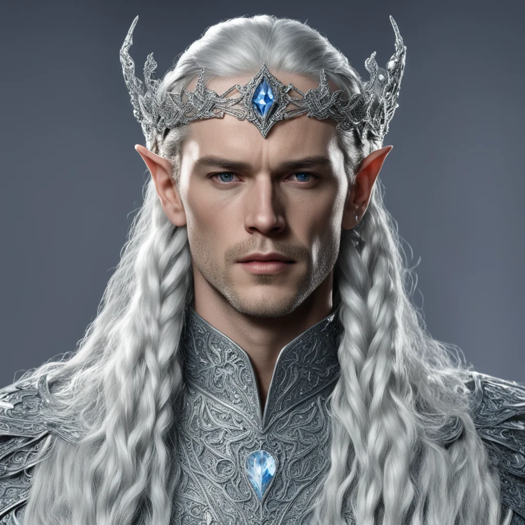 aiking thingol with braids wearing small silver serpentine elvish circlet encrusted with diamonds with large center diamond good looking trending fantastic 1