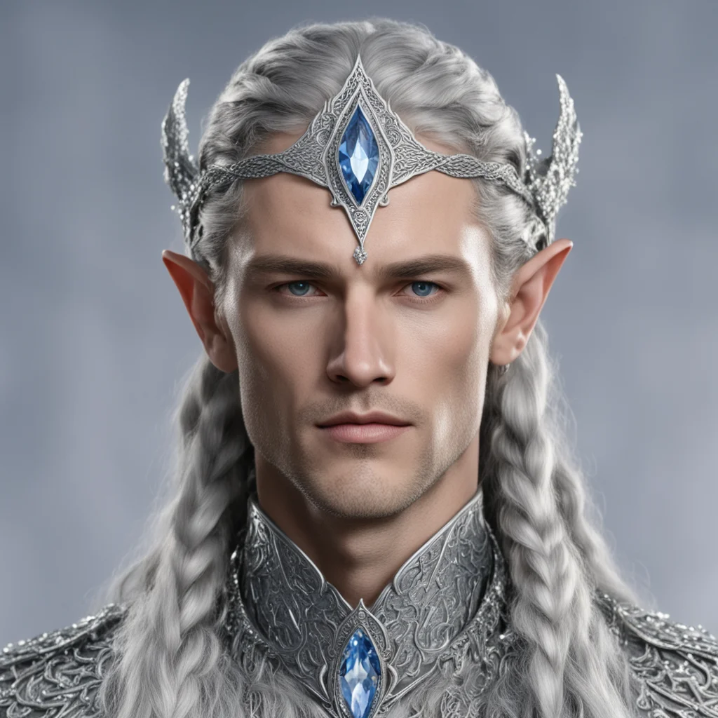 aiking thingol with braids wearing small silver serpentine elvish circlet encrusted with diamonds with large center diamond