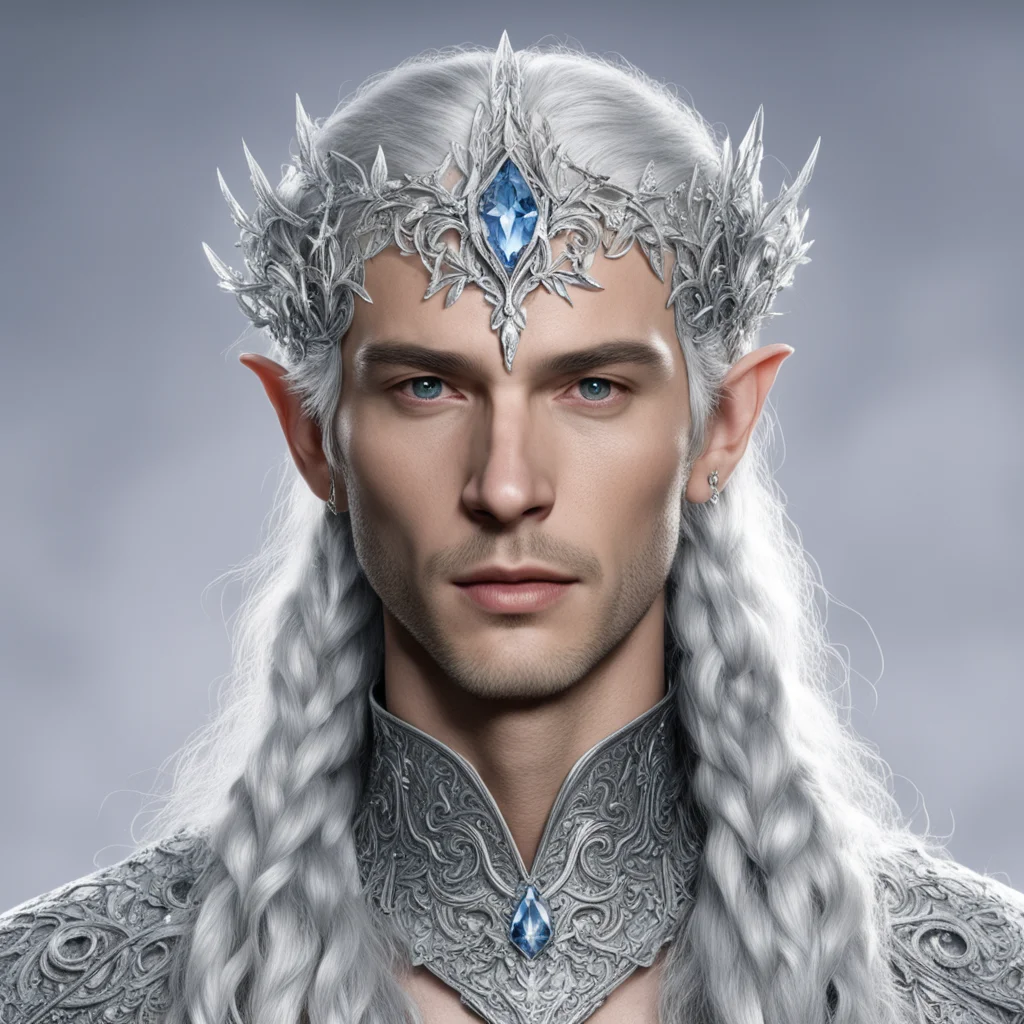 king thingol with silver hair and braids wearing silver flowers encrusted with diamonds to form a silver elvish circlet with large center diamond wearing the nauglamir on the neck amazing awesome po