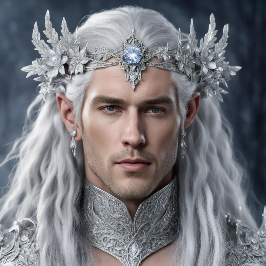 king thingol with silver hair and braids wearing silver flowers encrusted with diamonds to form a silver elvish circlet with large center diamond wearing the nauglamir on the neck confident engaging
