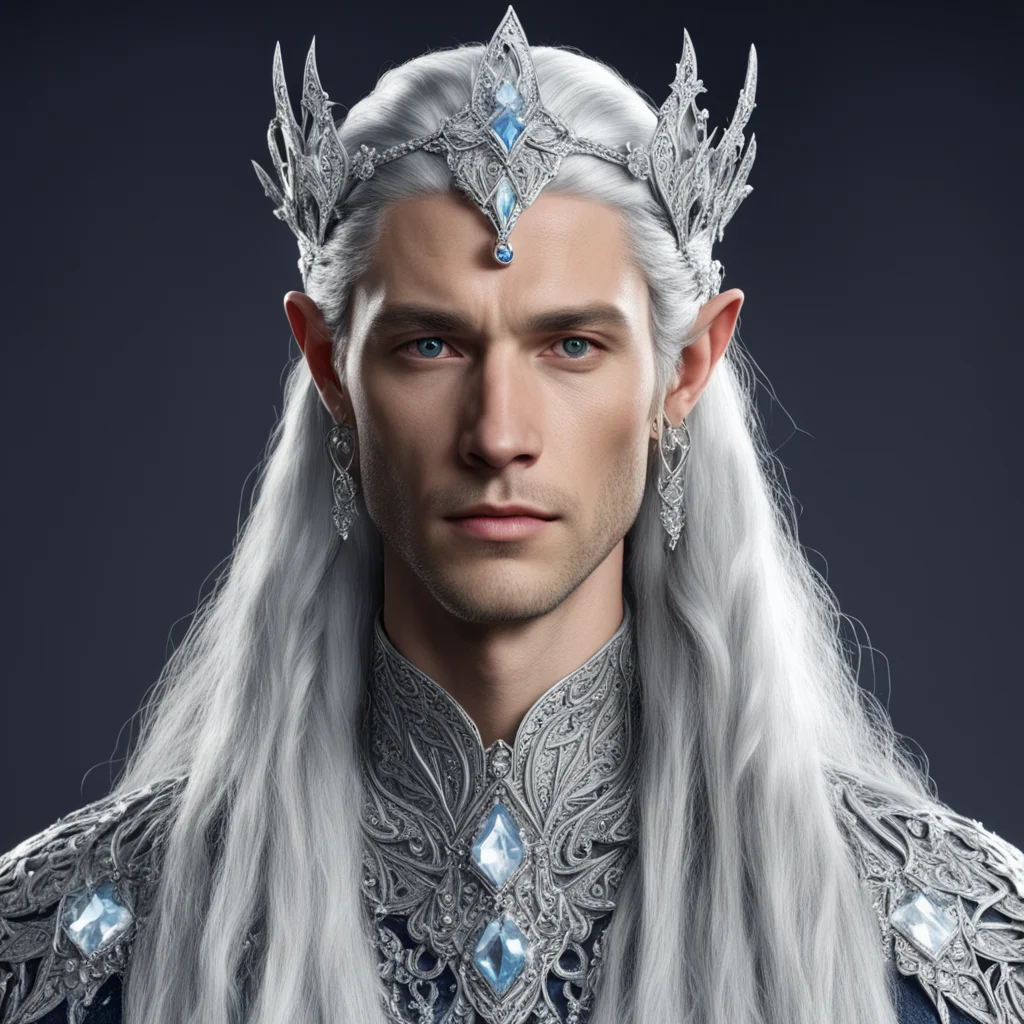 king thingol with silver hair and braids wearing silver flowers encrusted with diamonds to form a silver elvish circlet with large center diamond wearing the nauglamir on the neck good looking trend