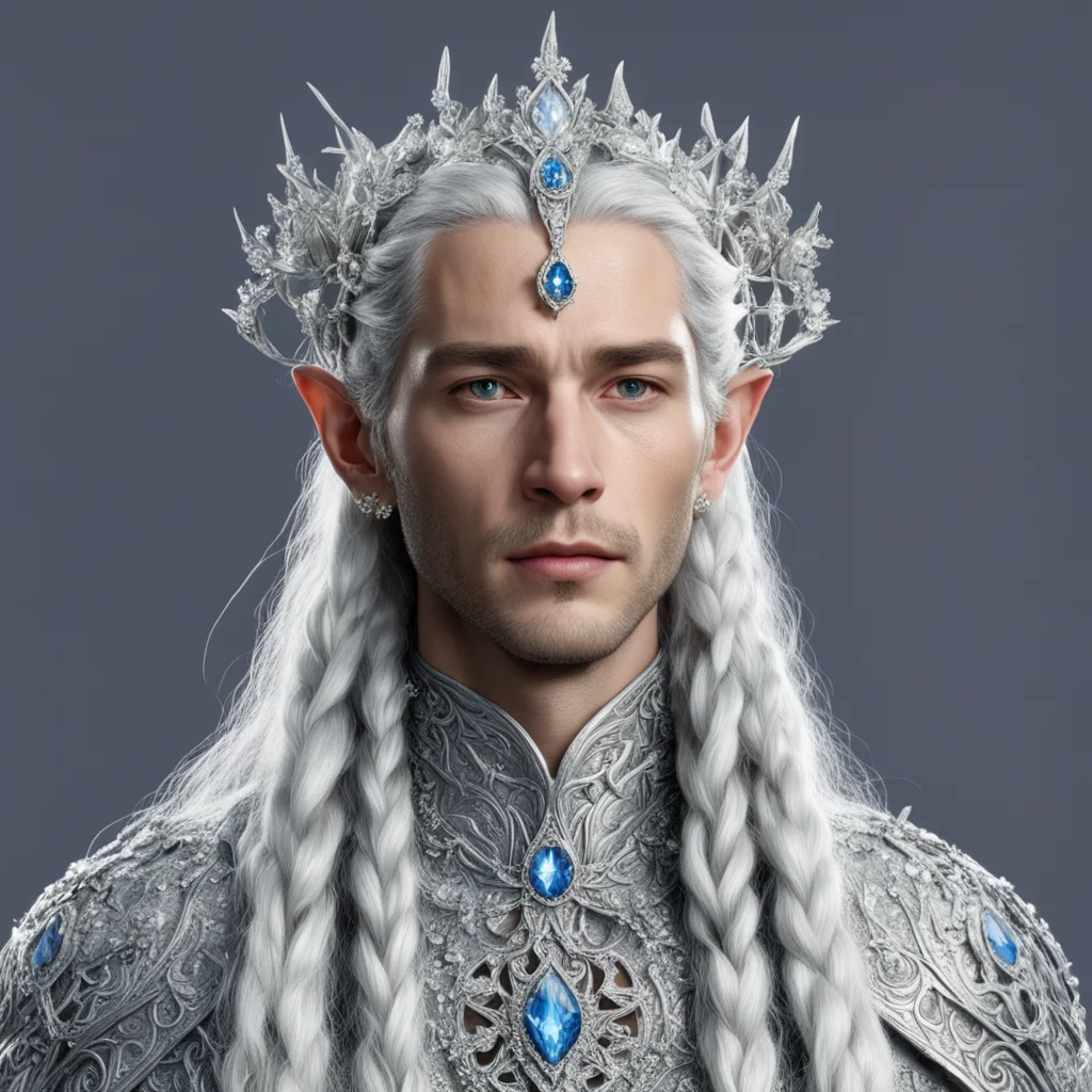 aiking thingol with silver hair and braids wearing silver flowers encrusted with diamonds to form a silver elvish circlet with large center diamond wearing the nauglamir on the neck