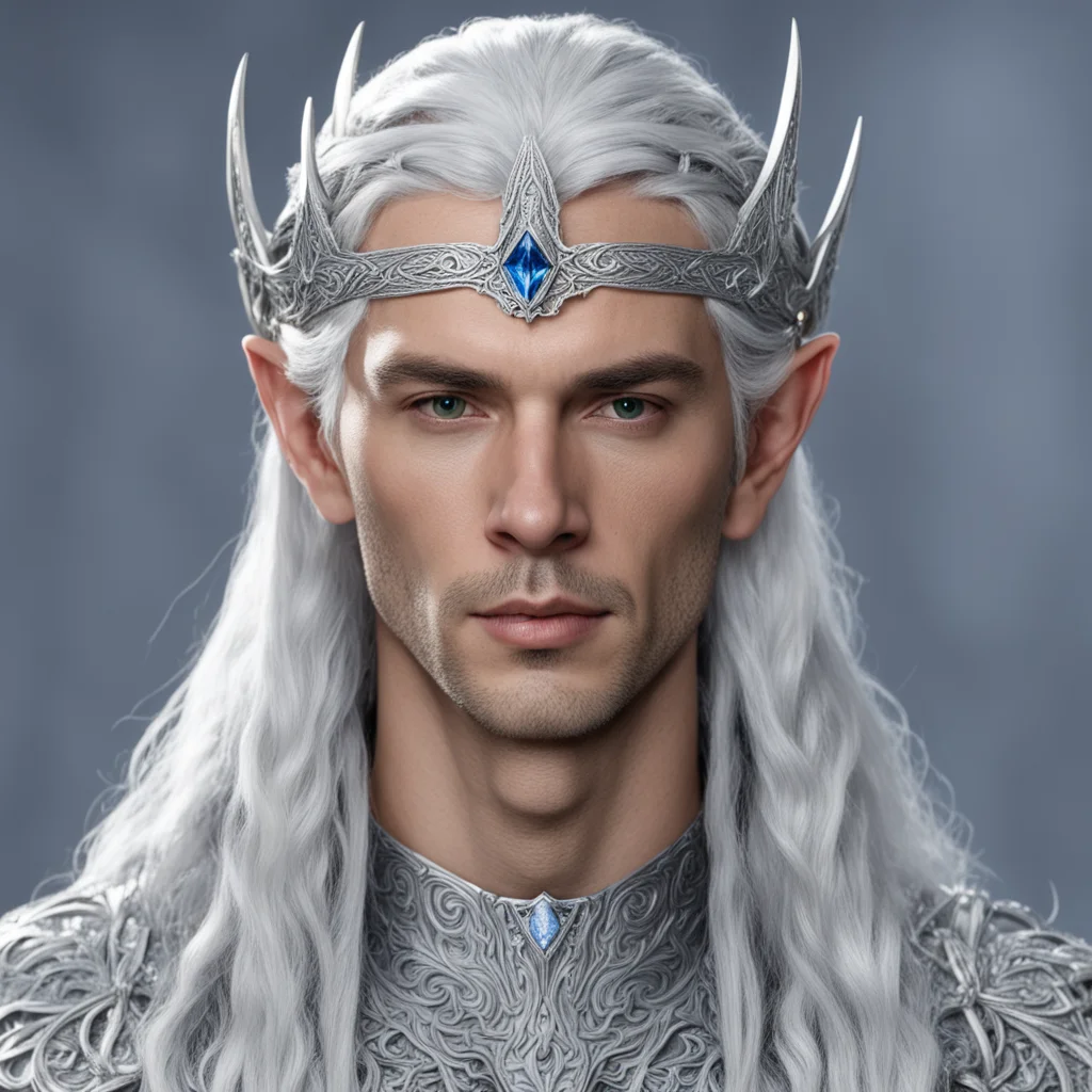 aiking thingol with silver hair and braids wearing silver sindarin elvish circlet with large center diamond  amazing awesome portrait 2
