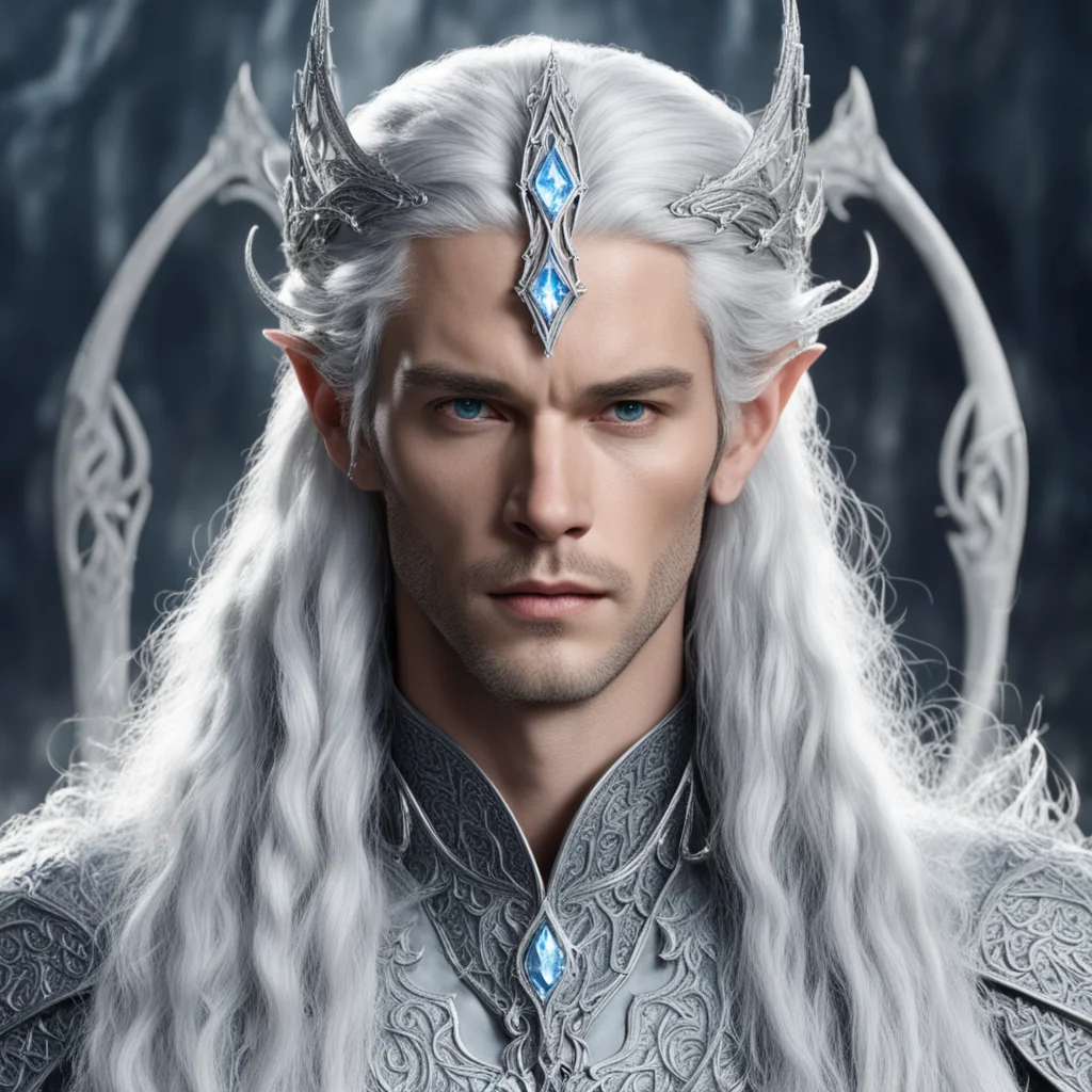 aiking thingol with silver hair and braids wearing silver sindarin elvish circlet with large center diamond  confident engaging wow artstation art 3