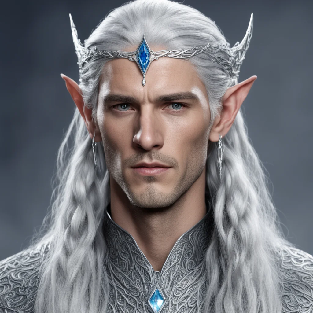 aiking thingol with silver hair and braids wearing silver sindarin elvish circlet with large center diamond 