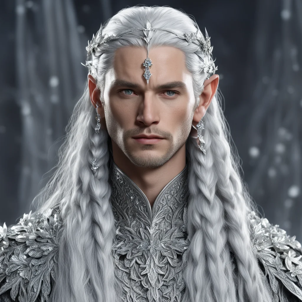 aiking thingol with silver hair and braids wearing silver twigs and silver flowers encrusted with diamonds with large center diamond amazing awesome portrait 2