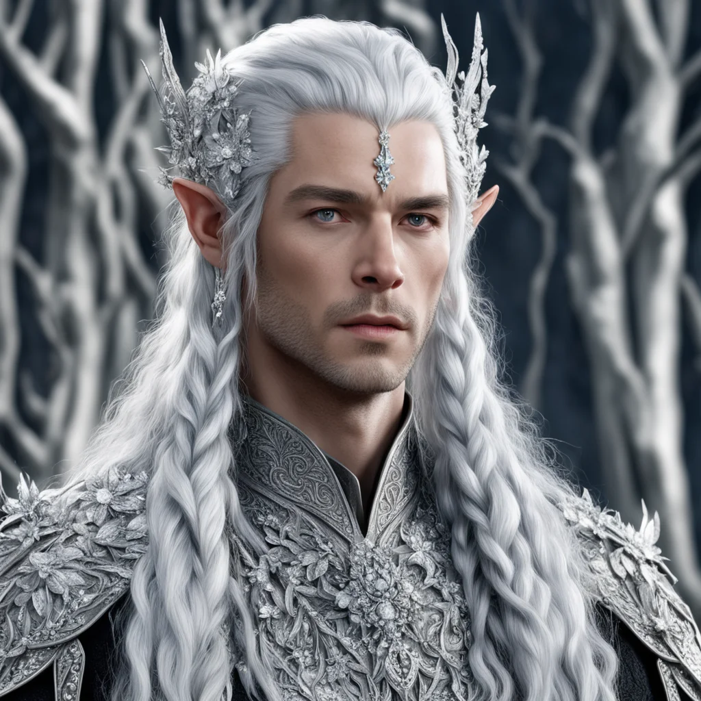 aiking thingol with silver hair and braids wearing silver twigs and silver flowers encrusted with diamonds with large center diamond confident engaging wow artstation art 3