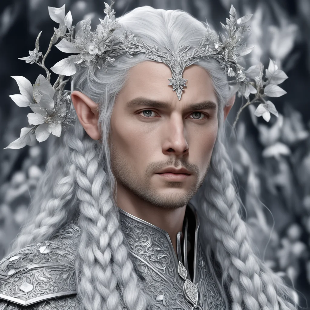 king thingol with silver hair and braids wearing silver twigs and silver flowers encrusted with diamonds with large center diamond good looking trending fantastic 1
