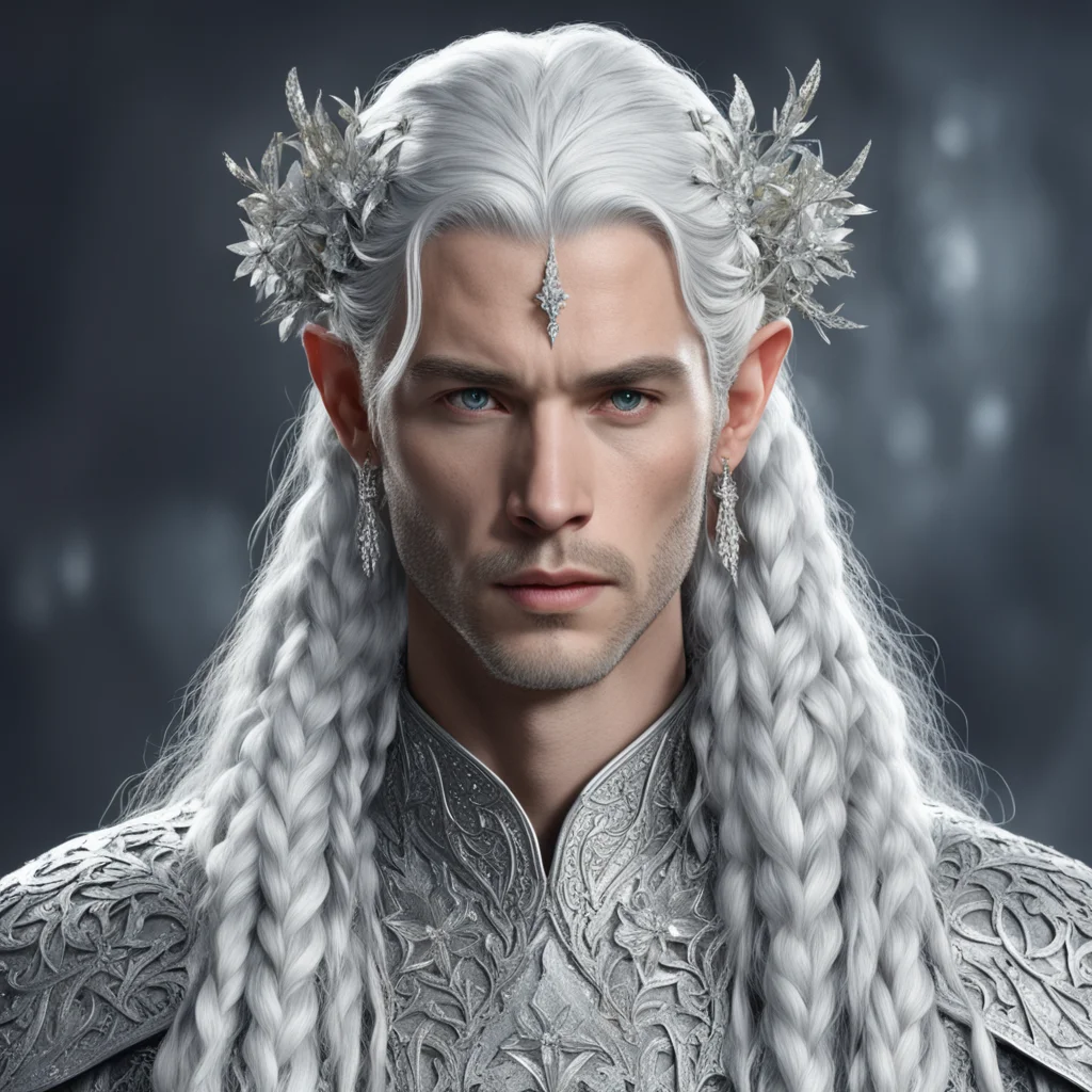 aiking thingol with silver hair and braids wearing silver twigs and silver flowers encrusted with diamonds with large center diamond