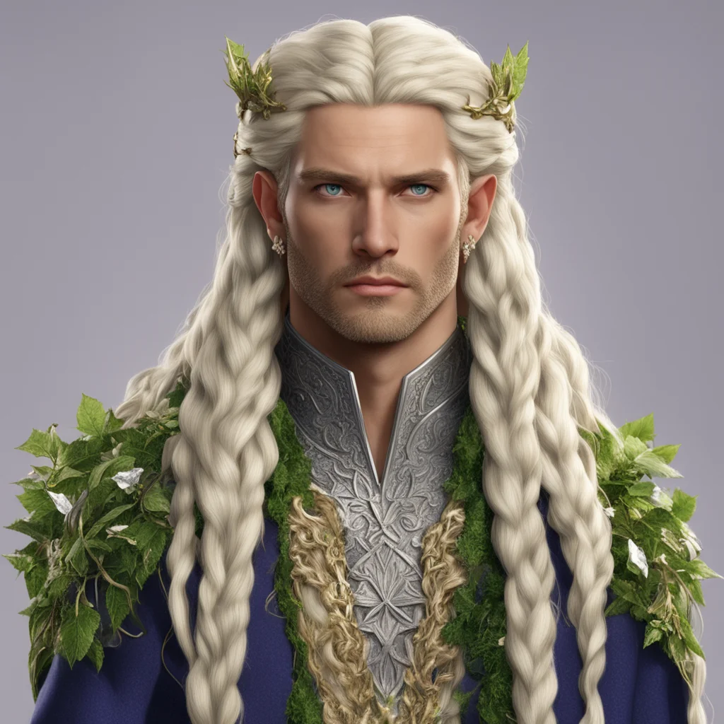 king thraduil with blond hair with braids wearing silver ivy leaf wreath with diamonds confident engaging wow artstation art 3