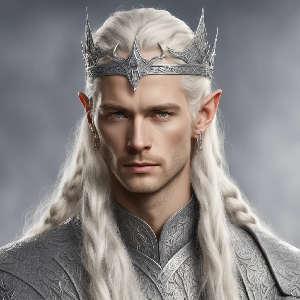 aiking thramduil with blond hair and braids wearing large silver elvish hair fork on top of head the large diamonds amazing awesome portrait 2