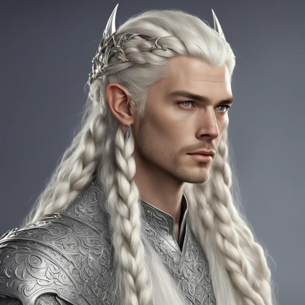 aiking thramduil with blond hair and braids wearing large silver elvish hair fork on top of head the large diamonds good looking trending fantastic 1