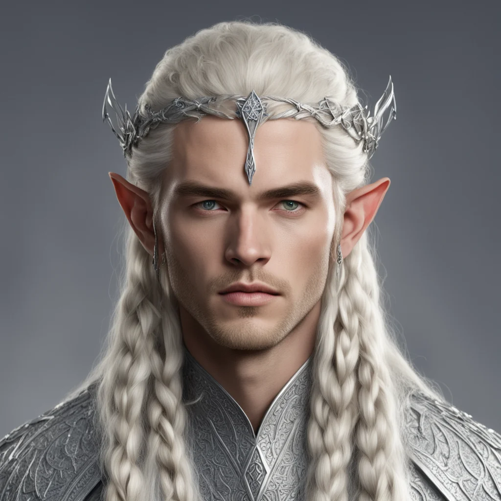 king thramduil with blond hair and braids wearing large silver elvish hair fork on top of head the large diamonds