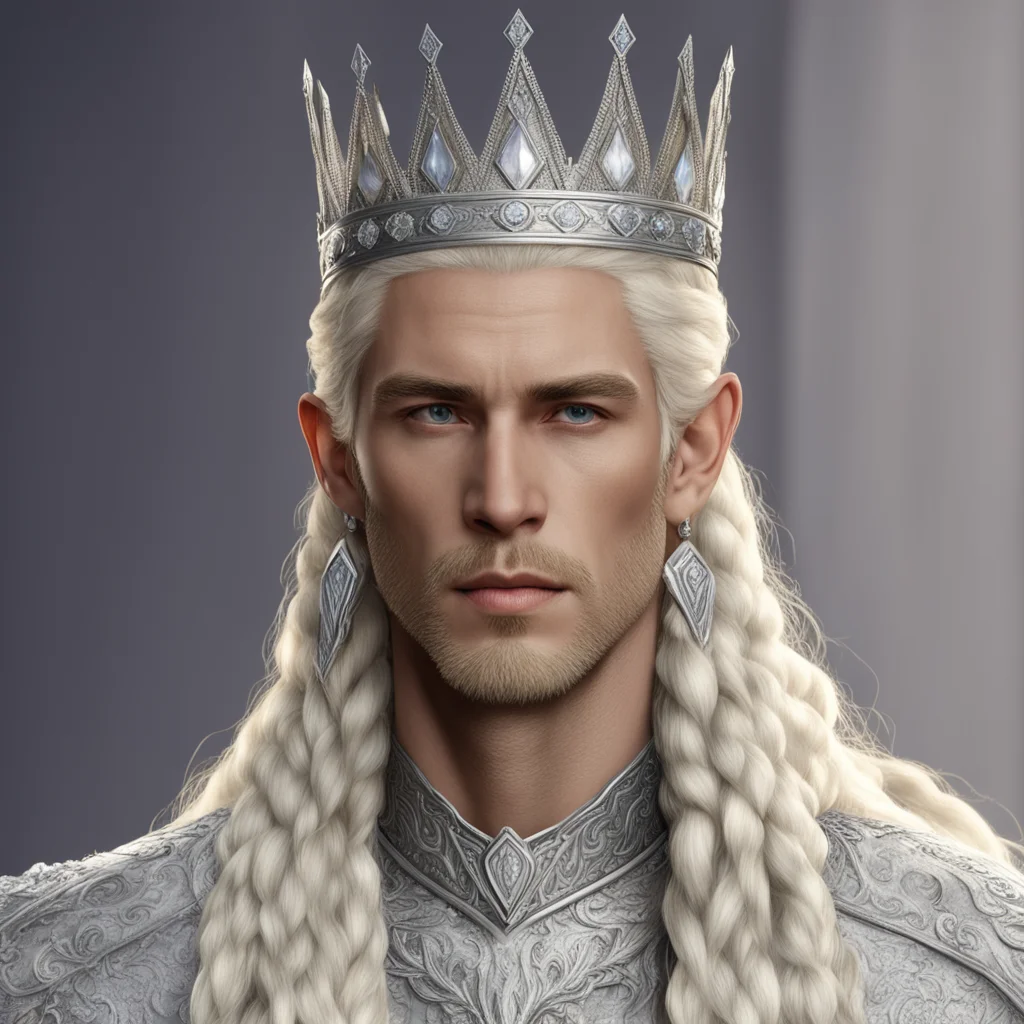 king thramduil with blond hair and braids wearing large silver sindarin crown with large diamonds  confident engaging wow artstation art 3