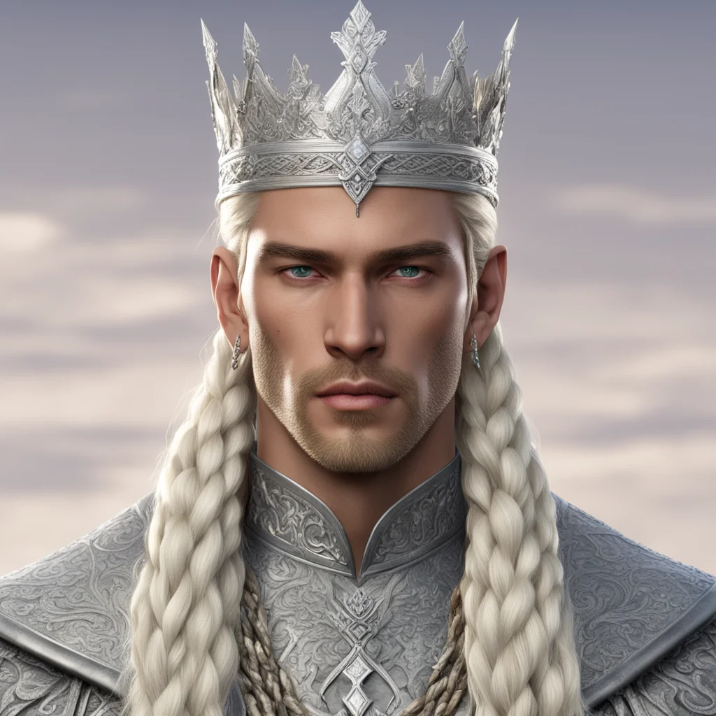 aiking thramduil with blond hair and braids wearing large silver sindarin crown with large diamonds  good looking trending fantastic 1