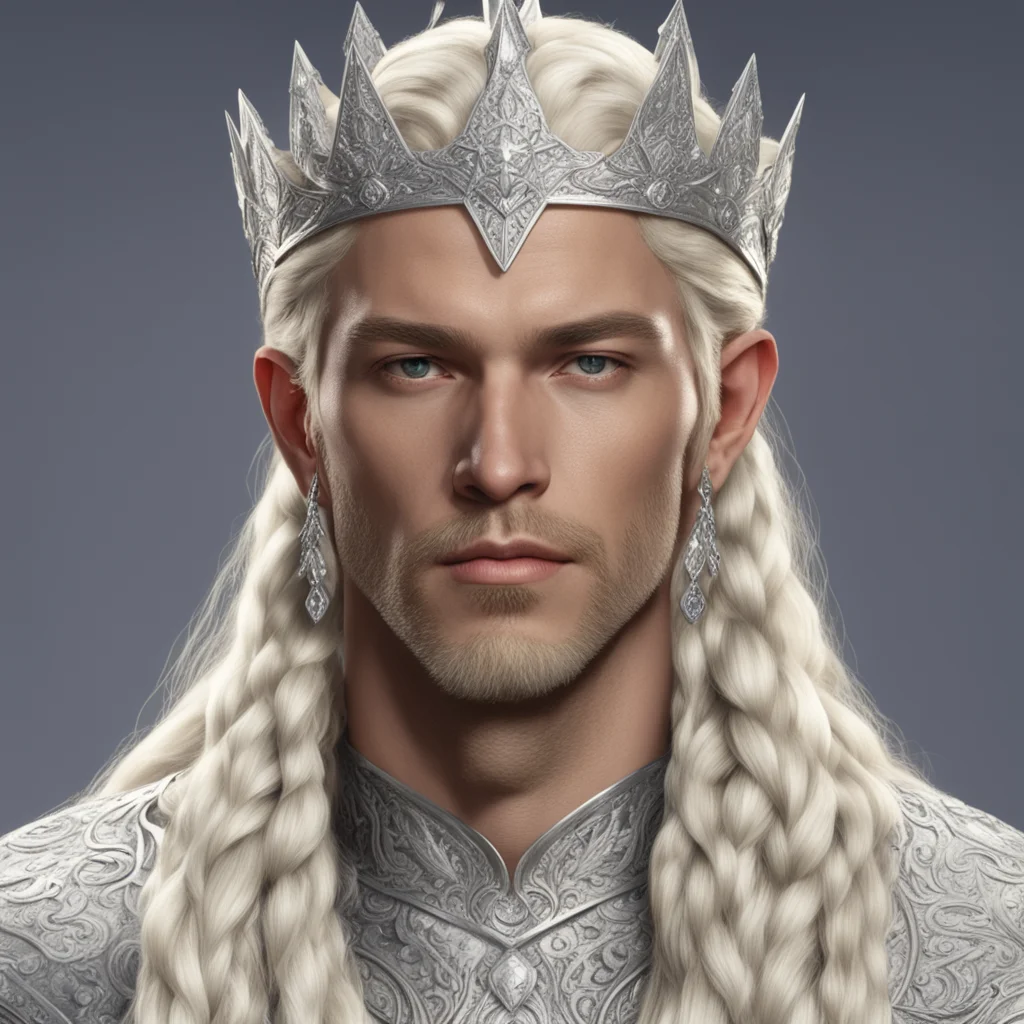 king thramduil with blond hair and braids wearing large silver sindarin crown with large diamonds 