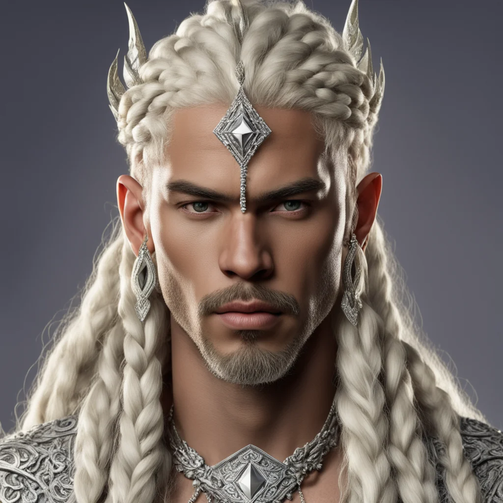king thramduil with blond hair and braids wearing silver and diamond strings in the hair connected to large center diamond on the forehead amazing awesome portrait 2