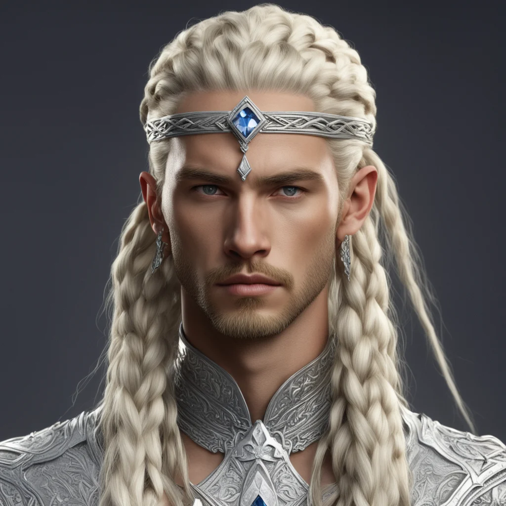 aiking thramduil with blond hair and braids wearing silver and diamond strings in the hair connected to large center diamond on the forehead confident engaging wow artstation art 3