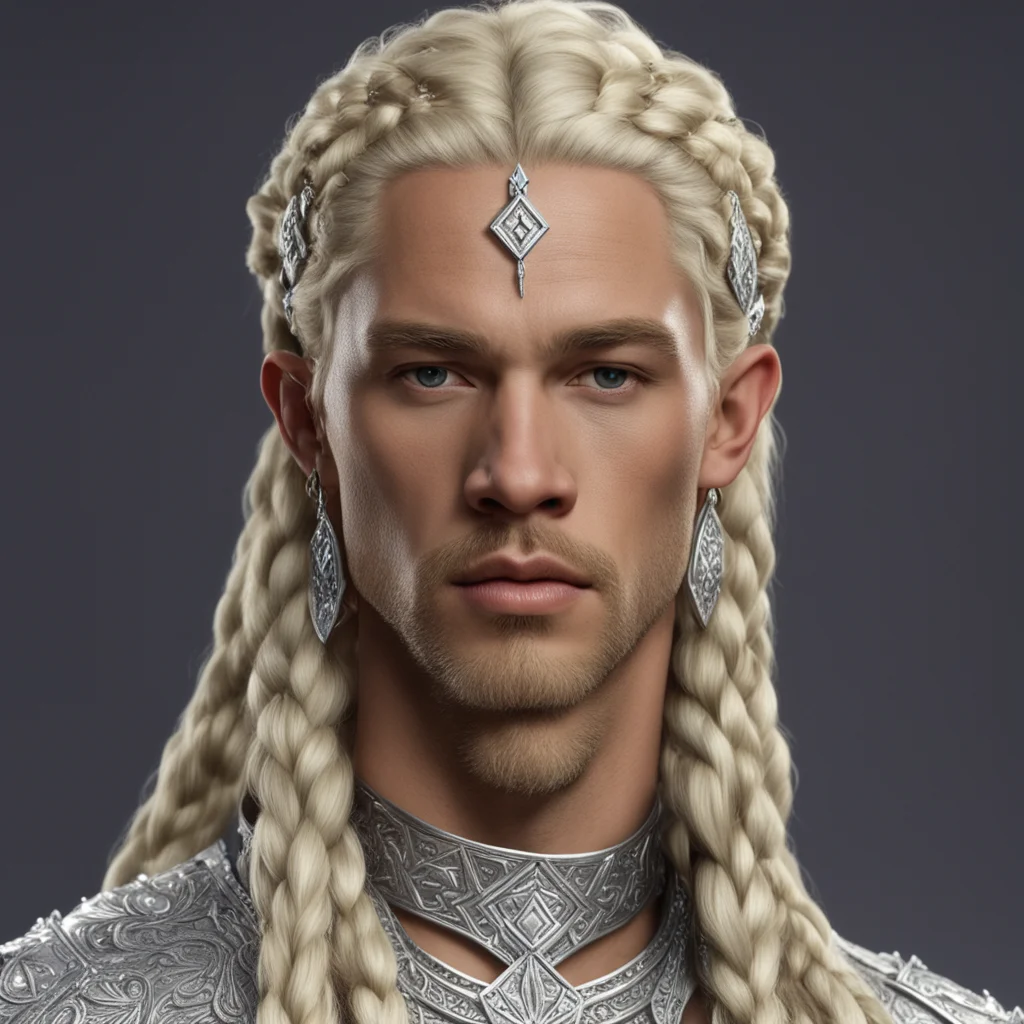 aiking thramduil with blond hair and braids wearing silver and diamond strings in the hair connected to large center diamond on the forehead good looking trending fantastic 1