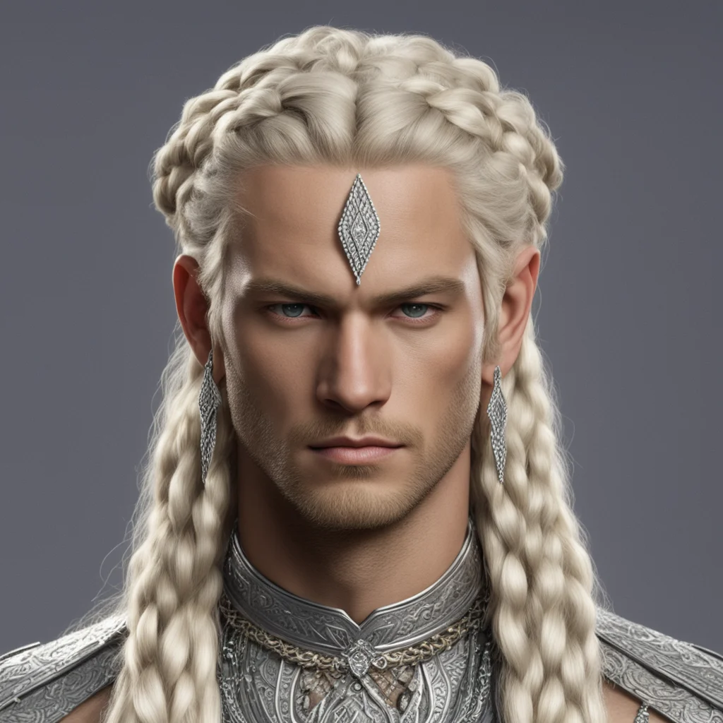 king thramduil with blond hair and braids wearing silver and diamond strings in the hair connected to large center diamond on the forehead