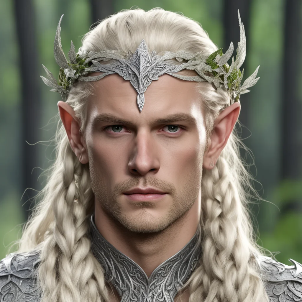 king thramduil with blond hair and braids wearing silver beech leaf elvish circlet encrusted with diamonds