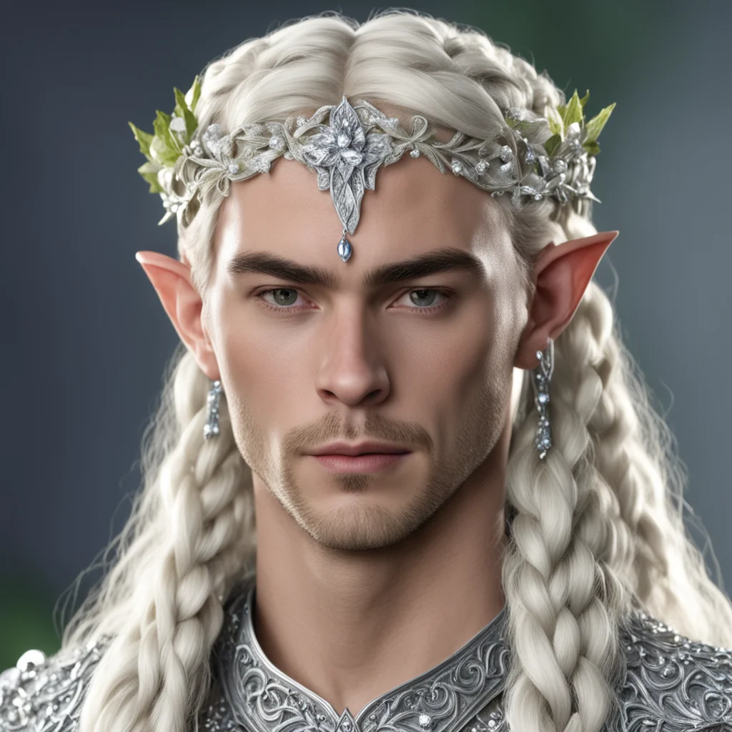 king thramduil with blond hair and braids wearing silver holly leaf and diamond berry silver elvish circlet encrusted with diamonds with large center diamond amazing awesome portrait 2