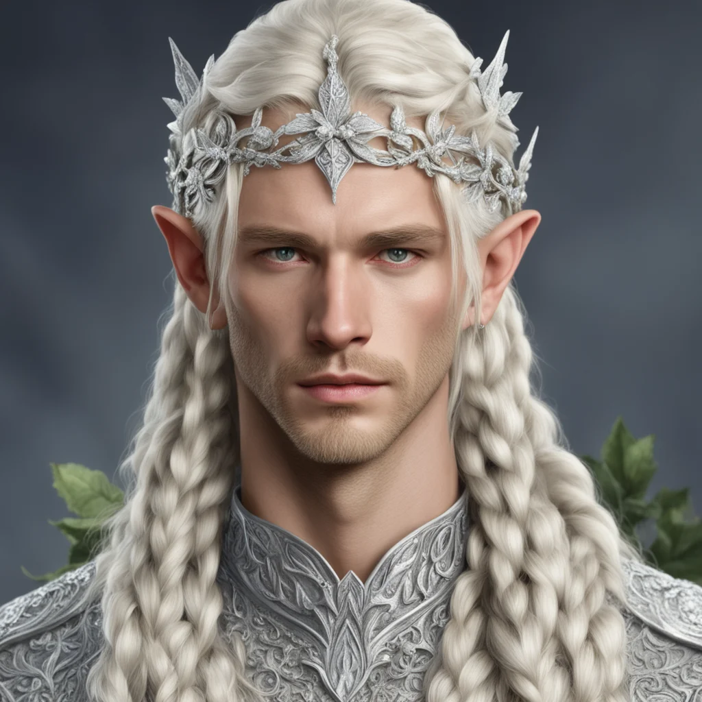 king thramduil with blond hair and braids wearing silver holly leaf and diamond berry silver elvish circlet encrusted with diamonds with large center diamond confident engaging wow artstation art 3.