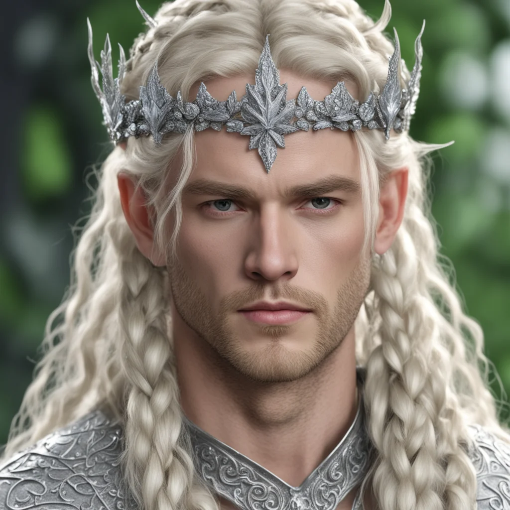 aiking thramduil with blond hair and braids wearing silver holly leaf and diamond berry silver elvish circlet encrusted with diamonds with large center diamond good looking trending fantastic 1