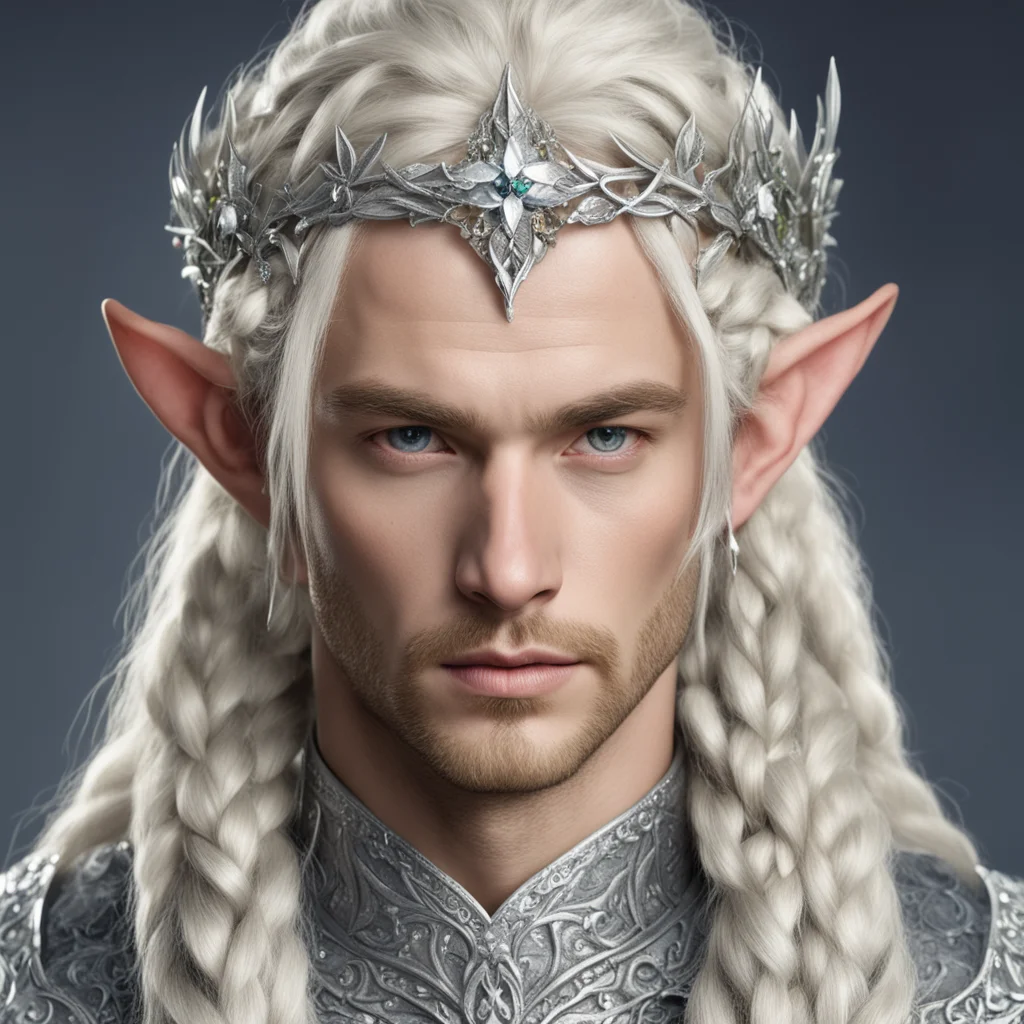 king thramduil with blond hair and braids wearing silver holly leaf and diamond berry silver elvish circlet encrusted with diamonds with large center diamond